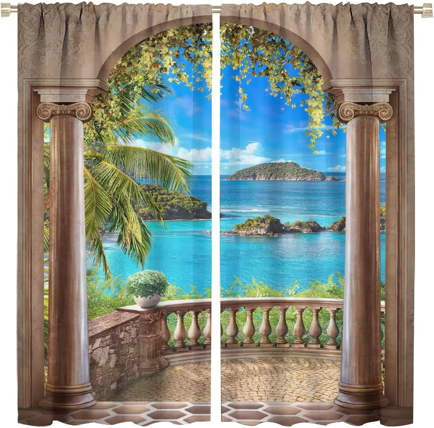 Italian Bathroom Curtains,Seaview Through Stone Arch Blackout Rod Pocket Window Drapes for Living Room Bedroom Kitchen Home Decor W42xL45in
