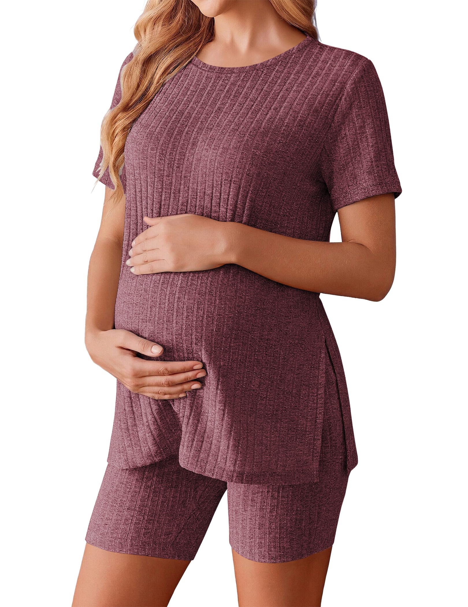 Ekouaer Maternity Sets 2 Piece Outfits Short Sleeve Shirts and Biker Shorts Pregnancy Loungewear
