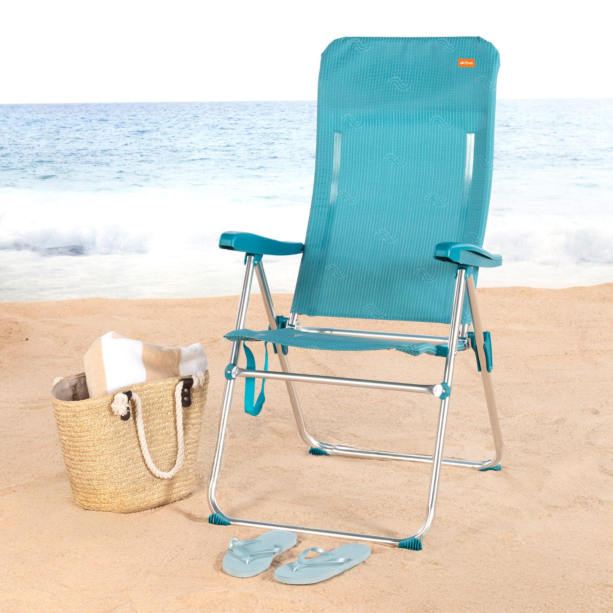 AKTIVE Silla de Playa Plegable, 5 Posiciones, Color Azul, Mide 47x67x110 cm, Soporta 110 kg, Topes antivuelco, Asas de Transporte, Sillas Respaldo reclinable (62468)