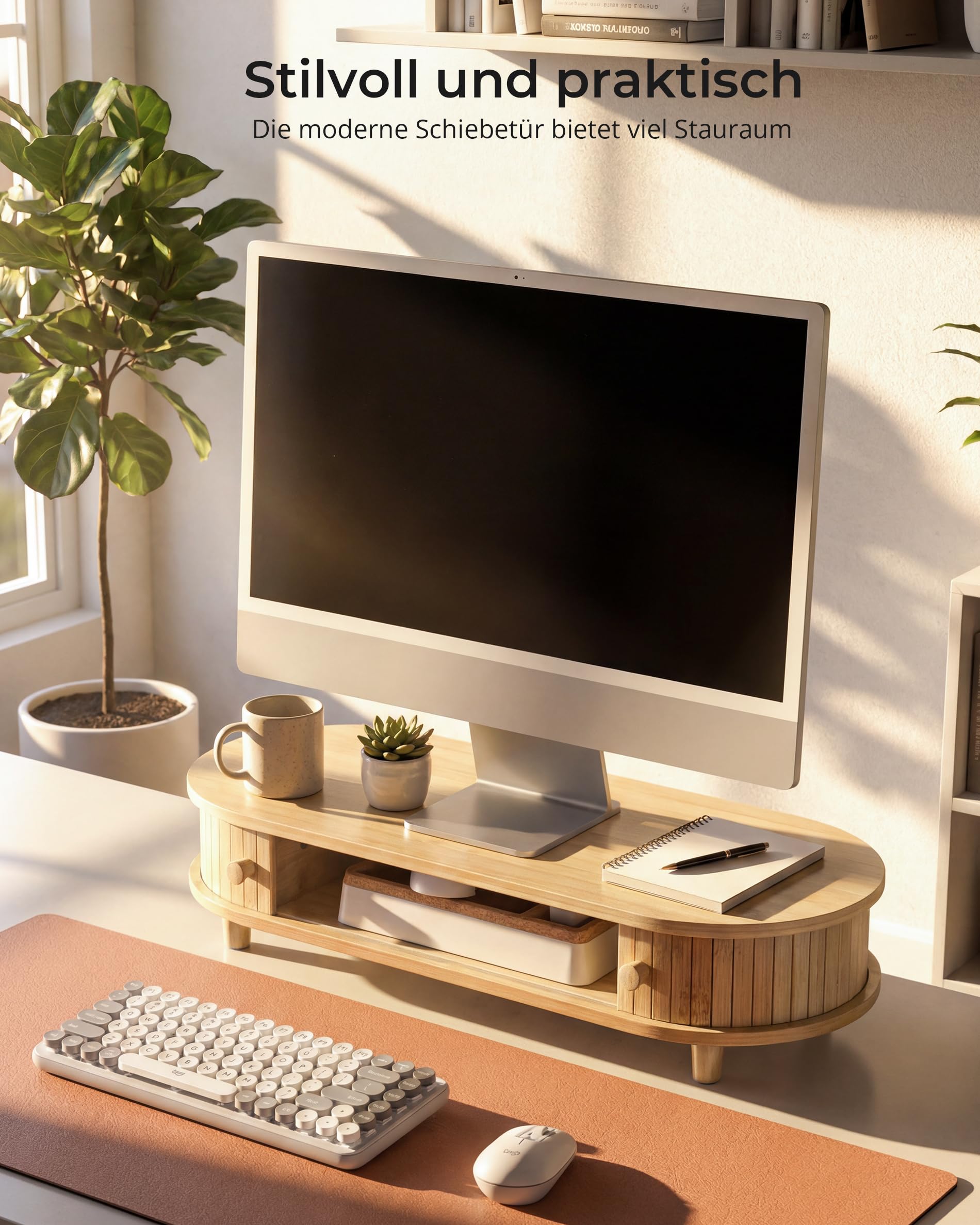 WELL WENG Bambus-Monitorständer mit Stauraum, gebogener Computer-Laptop-Ständer, Schreibtischregal-Organizer mit Schiebetüren (64.4cm)