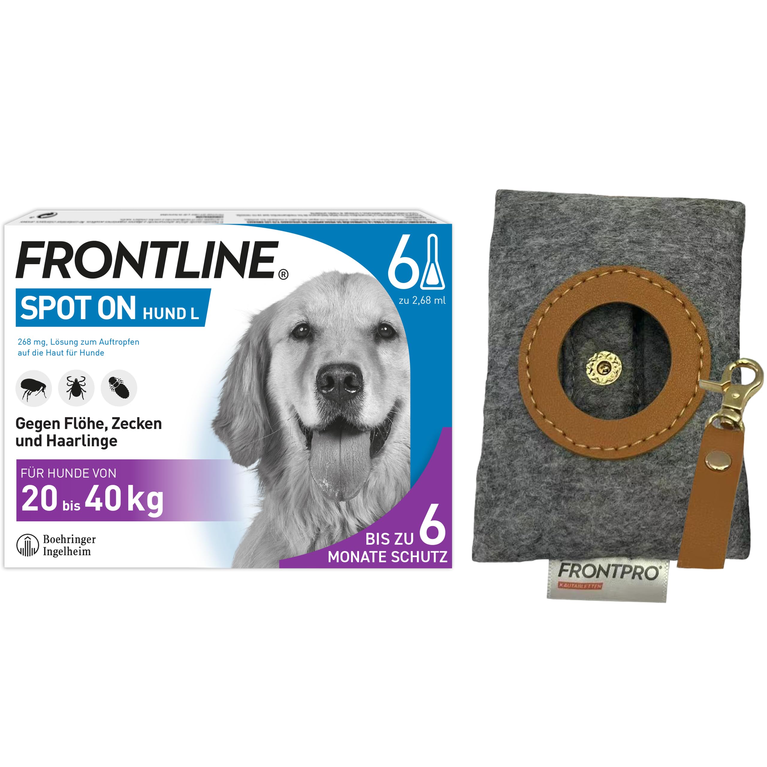FRONTLINE Spot ON Hund L gegen Zecken, Flöhe & Haarlinge (20 bis 40 kg) | 6x Pipetten für bis zu 6 Monate Schutz - wasserfest - für große Hunde + Kotbeutelspender