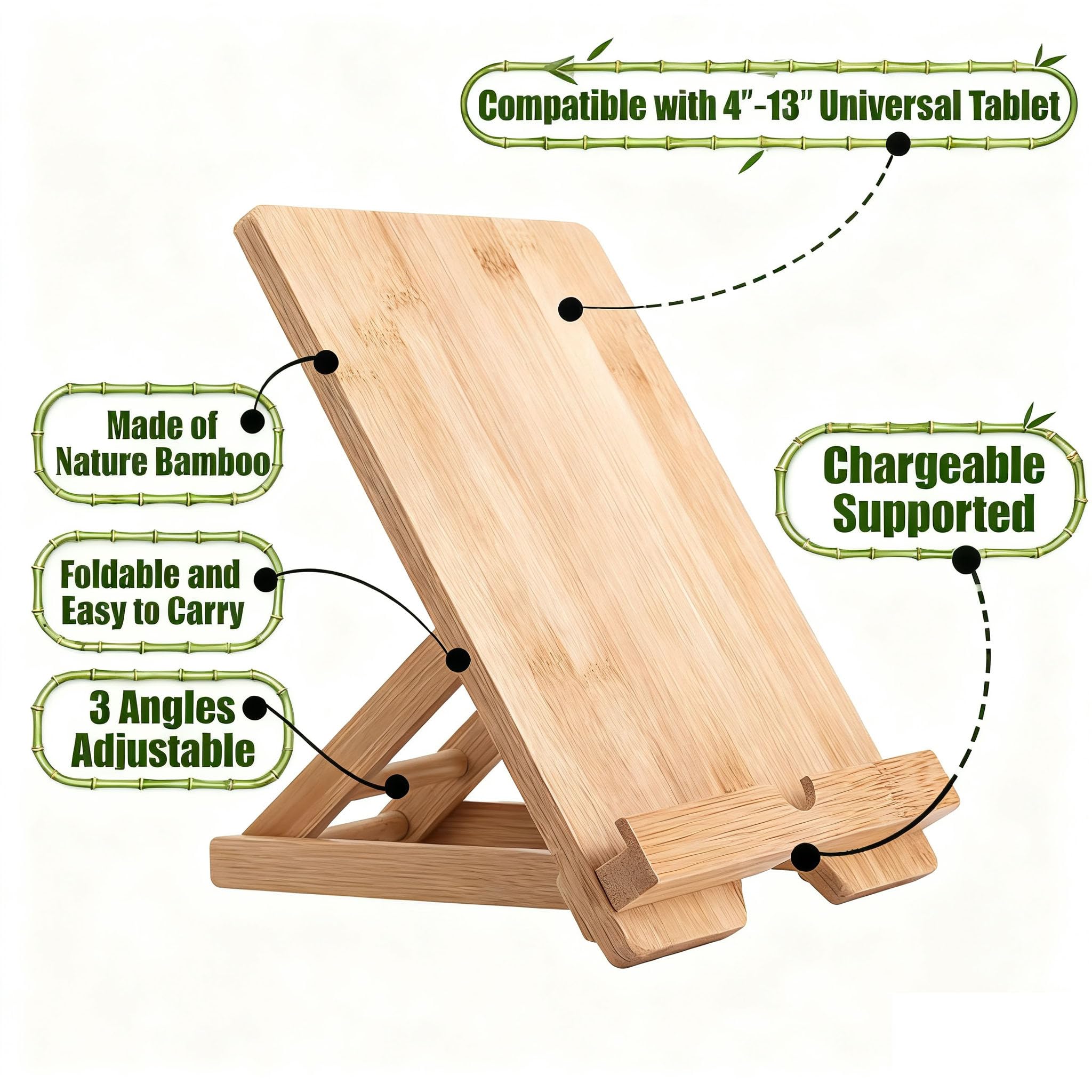Supporto pieghevole regolabile in bambù per tablet e telefono con porta di ricarica, ideale per scrivania, cucina e relax