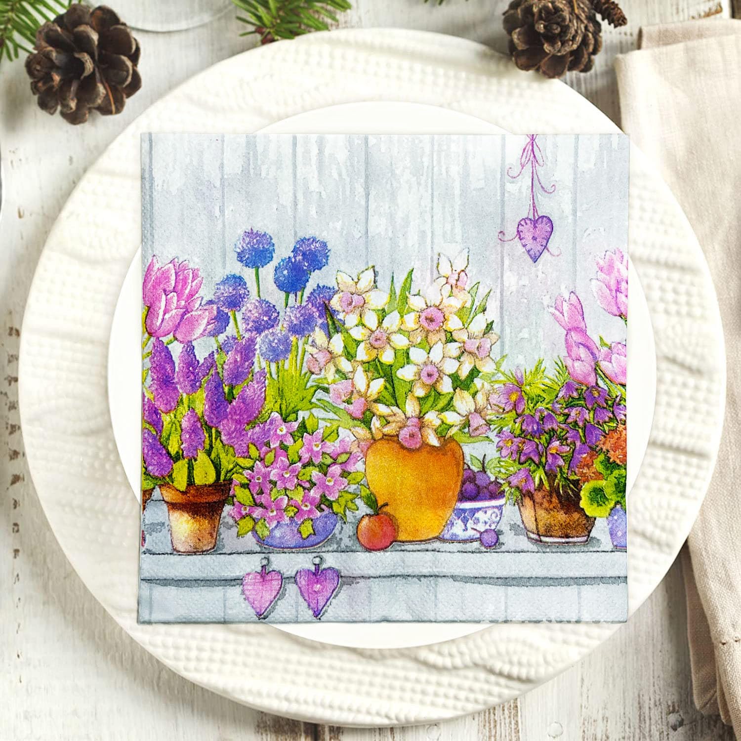 Tovaglioli di Carta Viola Fiore Verde Tovaglioli Decorati Per Decoupage Bar Compleanno Carta Igienica Tovagliolo Decorazione Da Tavola Usa e getta Per Matrimoni Feste 30 Packs(33x33cm)