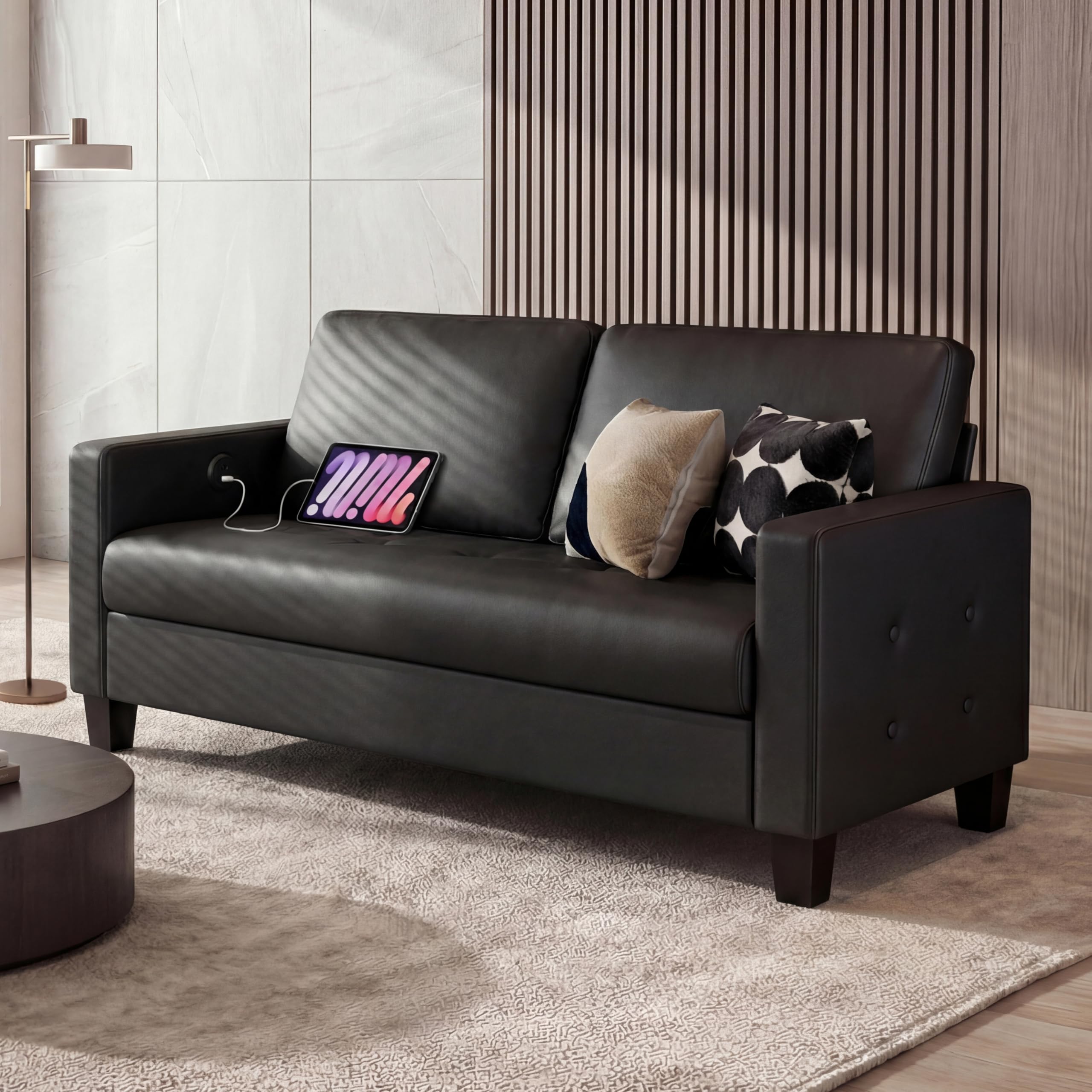 STHOUYN 59" Black Faux Leather Sofa Couch, Modern Comfy Office 2 Seater Couch Loveseat with Tufted Armrest and USB, Small Love Seat Couches for Living Room, Apartment, Bedroom