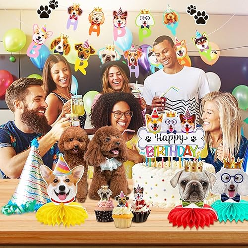 Miniatura 6 de 39 piezas de decoraciones de cumpleaños para perros, suministros de fiesta de cumpleaños para cachorros, 2 carteles de feliz cumpleaños, 3 panales