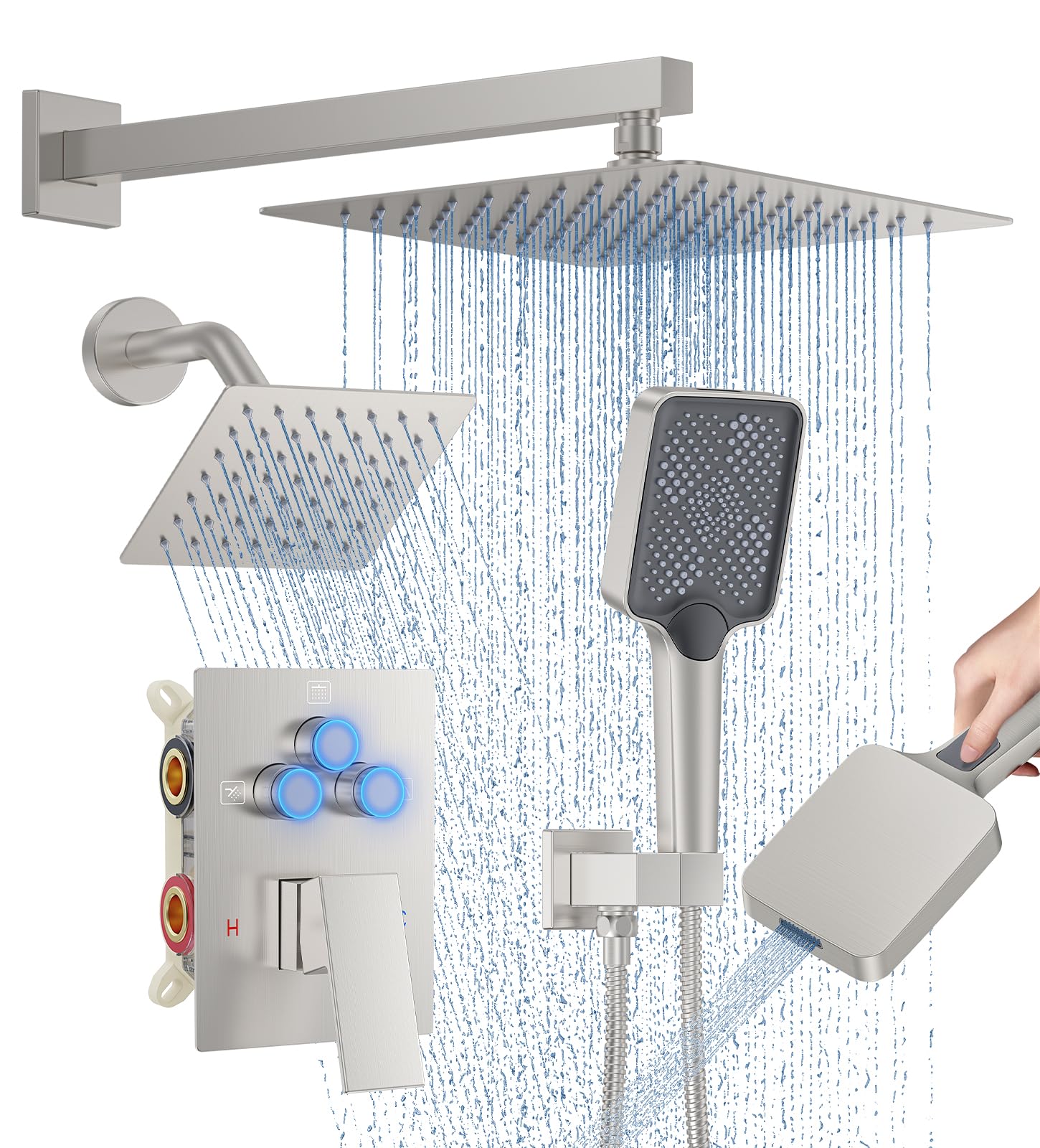 Woindo Shower Faucet Set, 10" Wall Mount Rainfall Shower System with 2 Rain Shower Head and Multi-function Handheld Head Push Button Diverter Shower Faucet Trim Kit