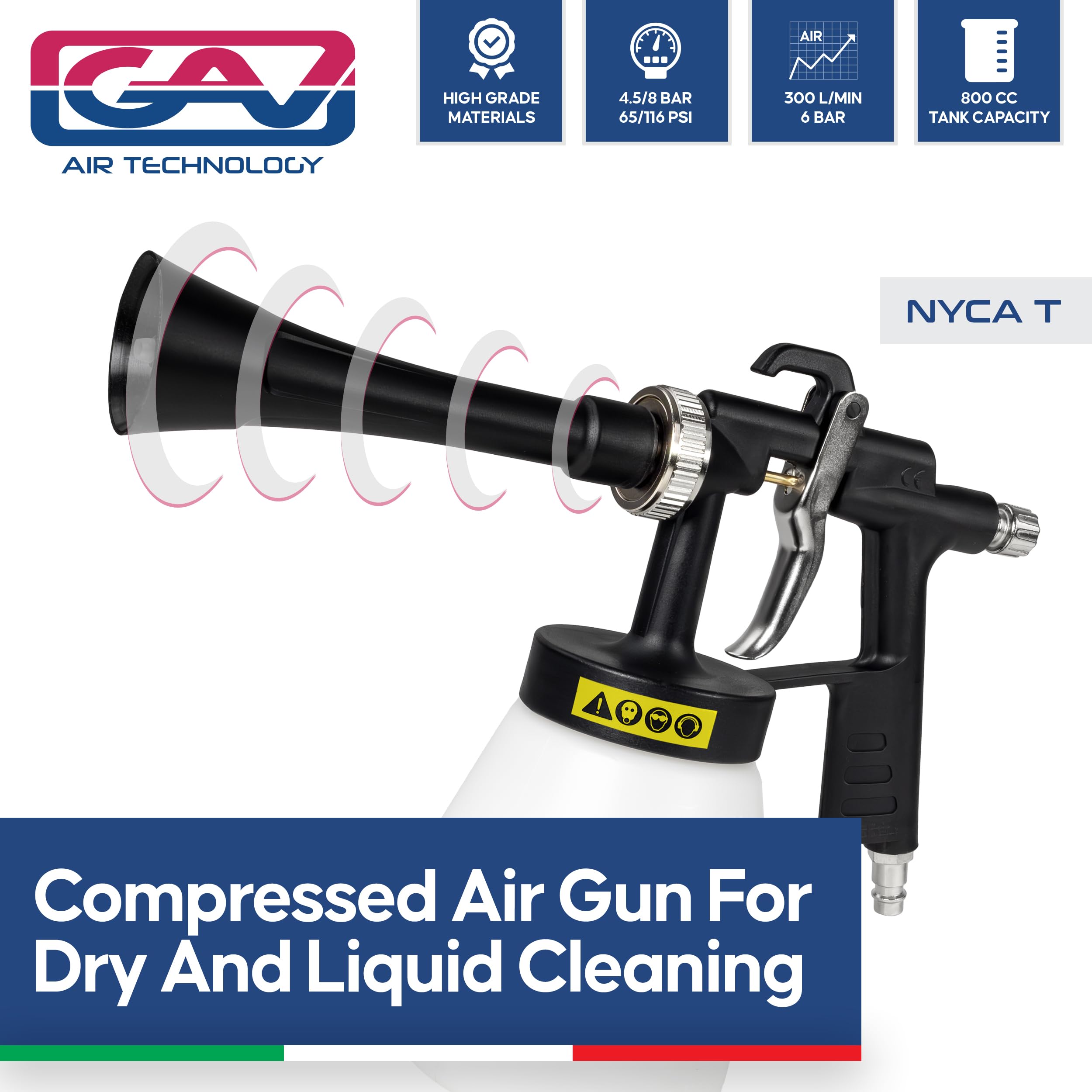 GAV Pistola ad Aria compressa NYCA T con effetto Vortice per Pulizia a secco e a liquido con Serbatoio da 700ml - Made in Italy