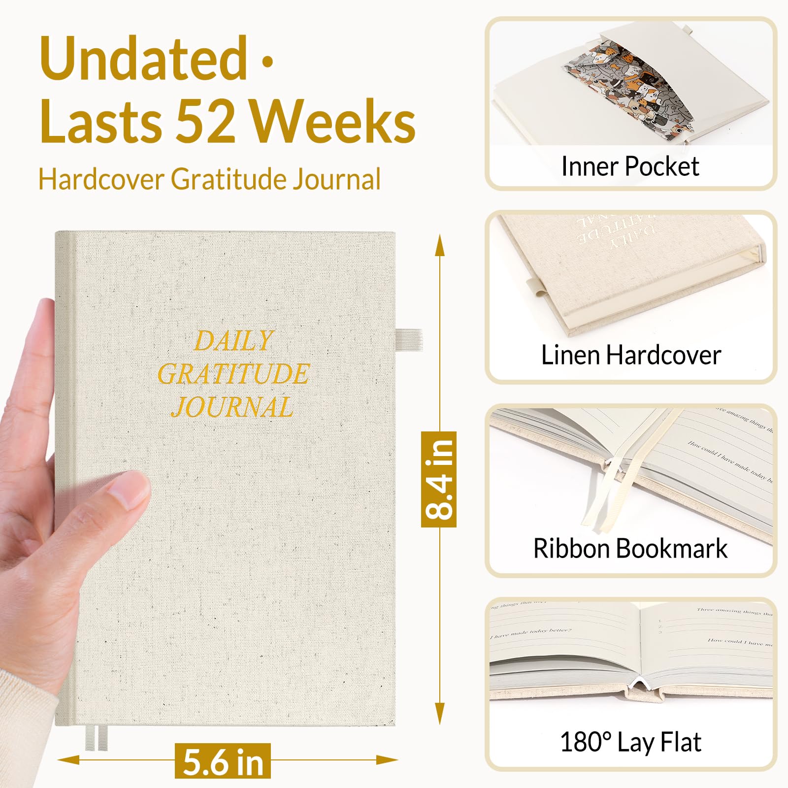 SUNEE Diario giornaliero della gratitudine, semplice diario di 5 minuti per la riflessione quotidiana, costruire positività e consapevolezza, planner minimalista senza data per donne e uomini (beige)