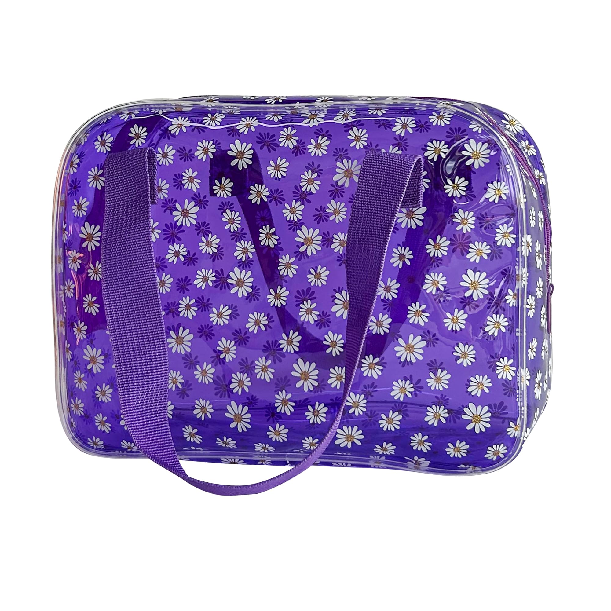 TotePrint große Kosmetiktasche Mode Gänseblümchen Muster Transparente Make-up-Tasche Damen PVC Wasserdicht, 26 cm x 19 cm x 10 cm (Violett+Gewebte Handgriff)