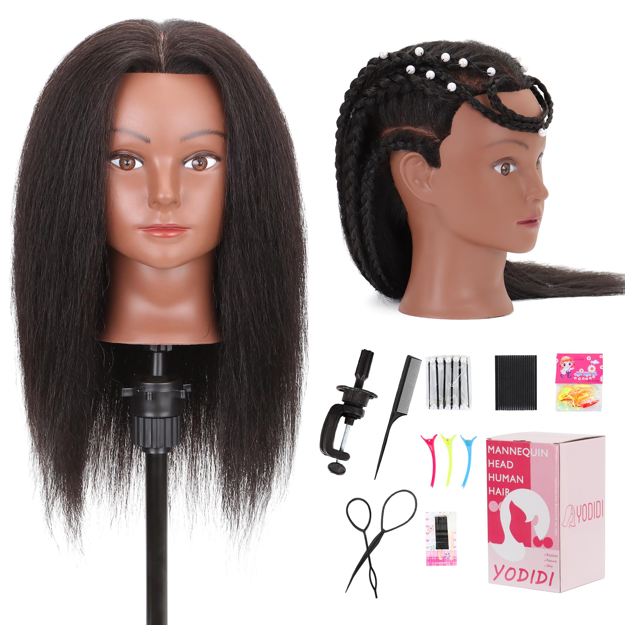 Testa di manichino con capelli 100% umani, testa di manichino con capelli umani per cosmetologia, per esercitazioni di parrucchiere e trecce con tavolo (40 cm)_voghion.com