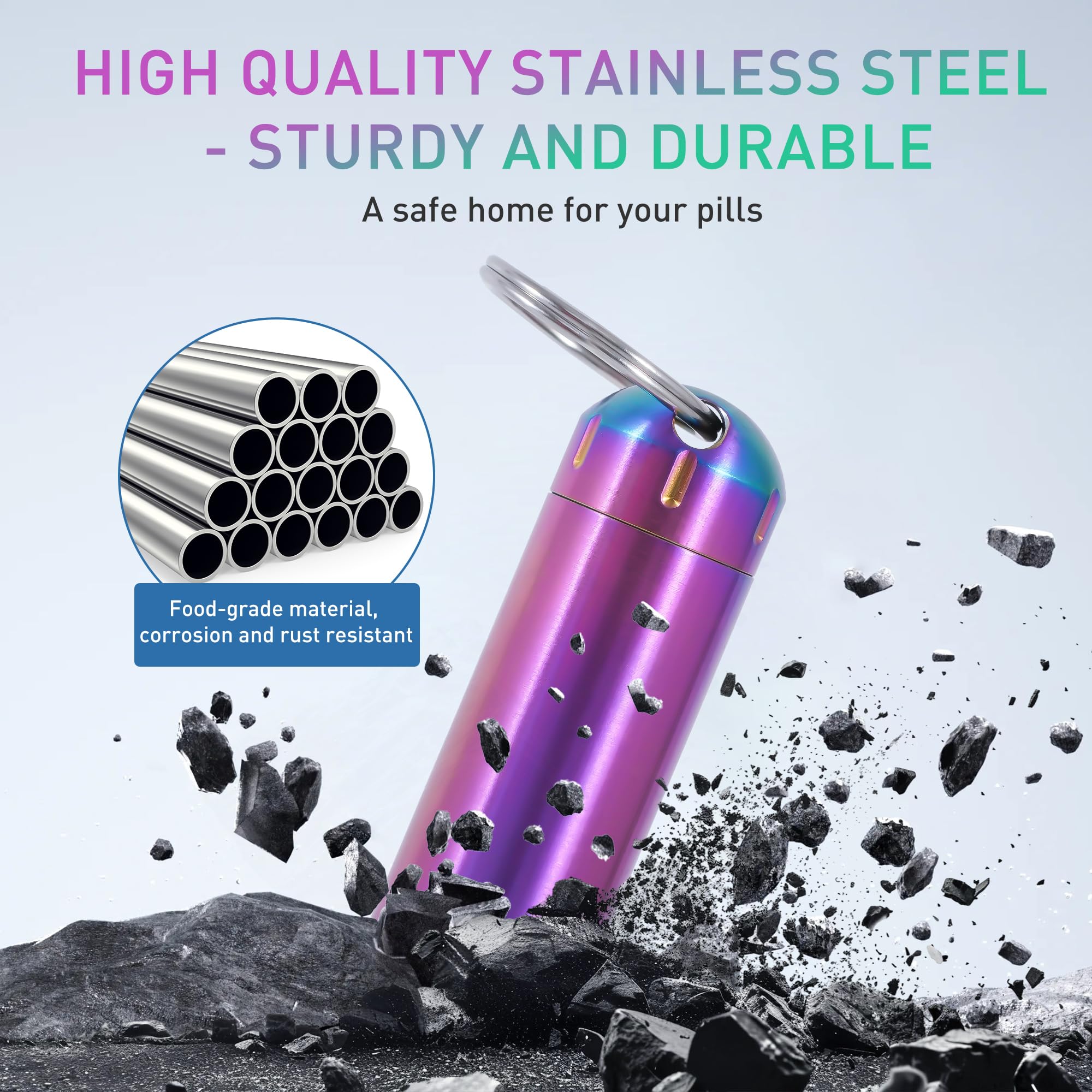 VTAR Llavero pastillero de acero inoxidable, paquete de 2 pastilleros de metal de emergencia | Pastillero impermeable para nitro, vitaminas, auriculares, Twist Top, mini para viajes, EDC, al aire libre, color arcoíris