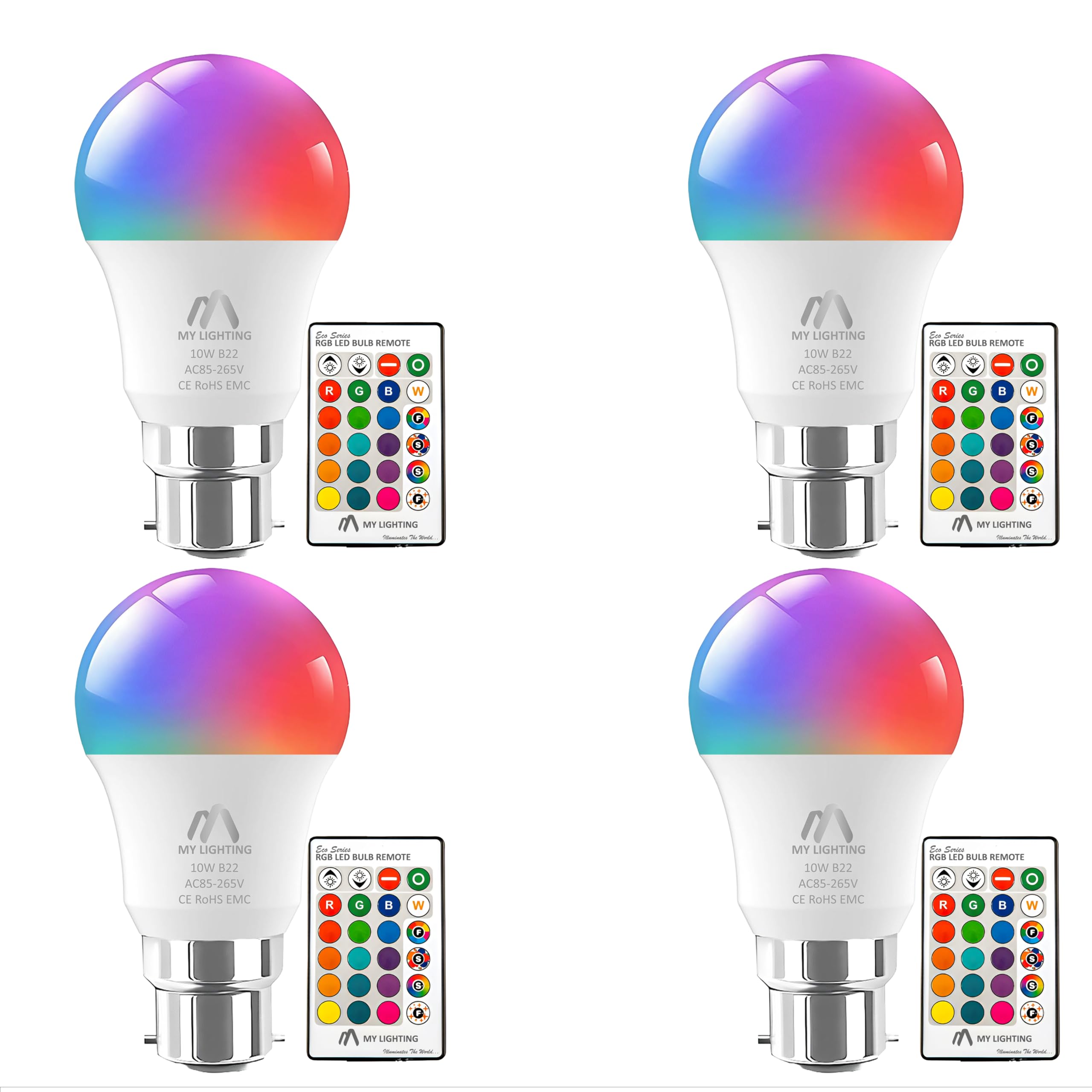 My Lighting 10W B22 ECO Series Colour Changing Light Bulb Dimmable, LED Bulbs with Remote,RGB + Cool White 6000K, 16 Million Colour for Home Decore & Mood Lighting (Pack of 4)