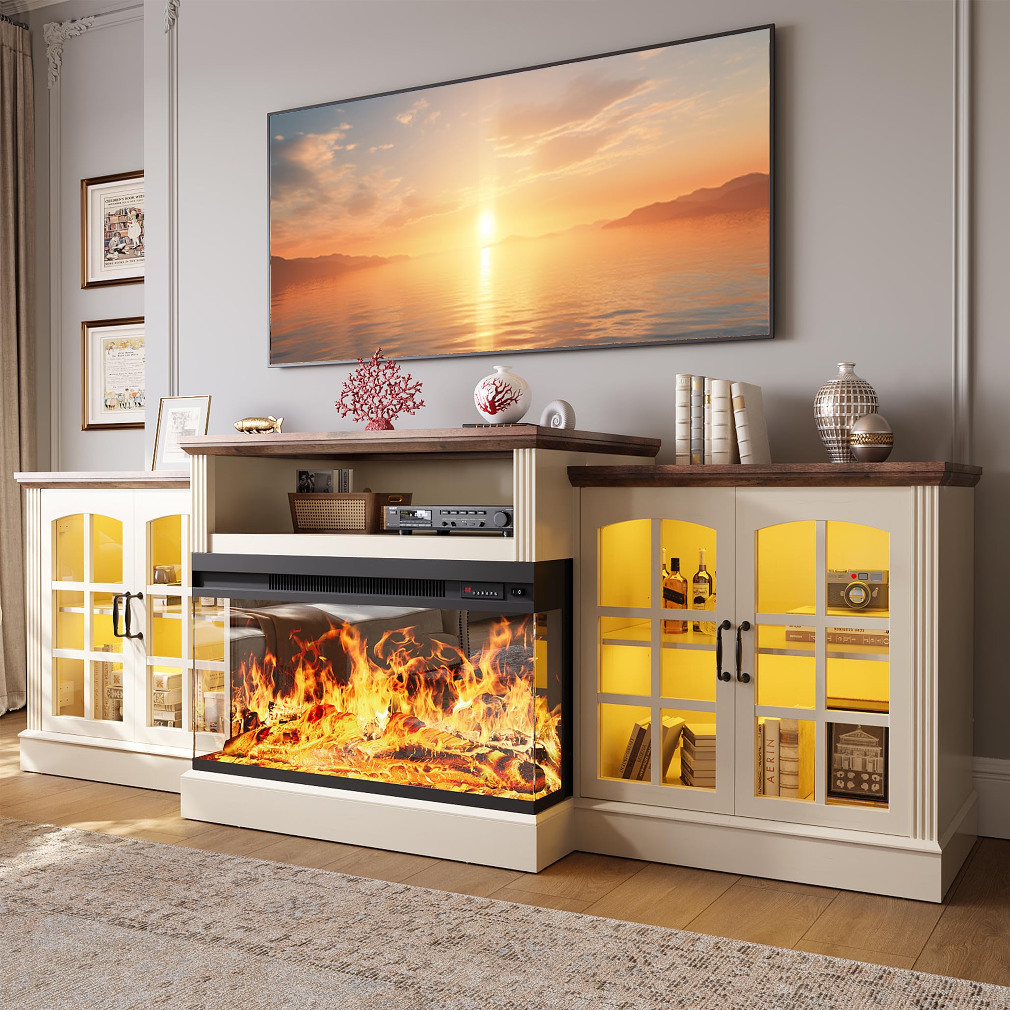 97" Fireplace TV Stand with 36" Electric Fireplace, Farmhouse Entertainment Center for TVs up to 100", Media Console Table with Large Storage Cabinets, for Living Room, White(Incomplete Box 2 of 3)
