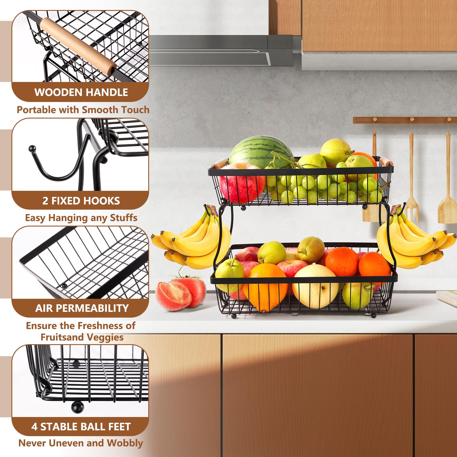 FoiiLiio Porta Frutta da Tavolo Cestino Portafrutta a 2 Ripiani per Cucina Cestino di Frutta e Verdura da Appoggio, Fruttiera per Frutta Vassoio per Pane Staccabile in Filo Metallico