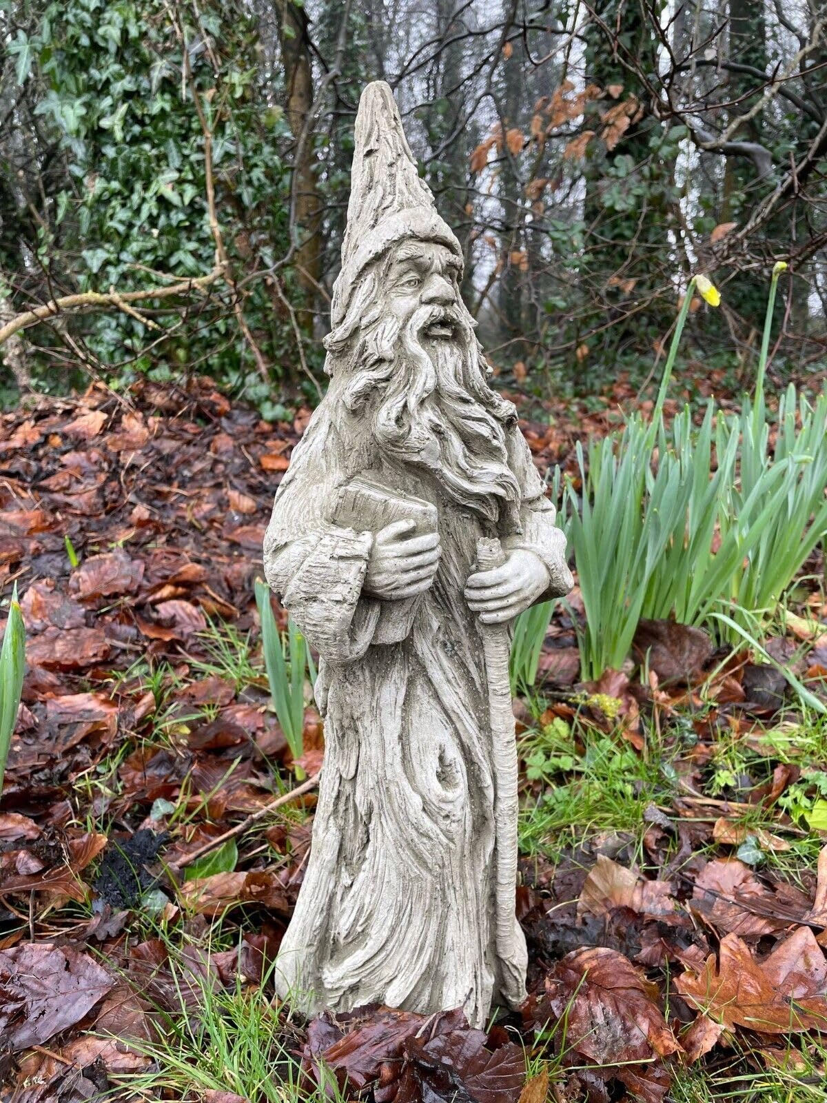 Statue de sorcier en pierre | Décoration de jardin magique mythique en pierre extérieure