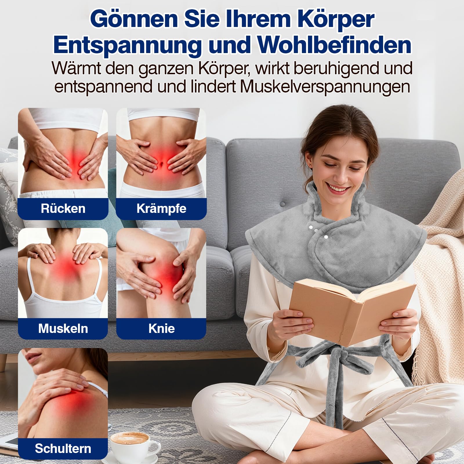 Heizkissen für Rücken Schulter Nacken 60 x 100cm, Heizdecke 9 Heizstufen mit 4 Zeitschaltuhren Wärmekissen mit Taillenriemen, Schnelle Erwärmung, Rückenwärmer Abschaltautomatik, Flanell