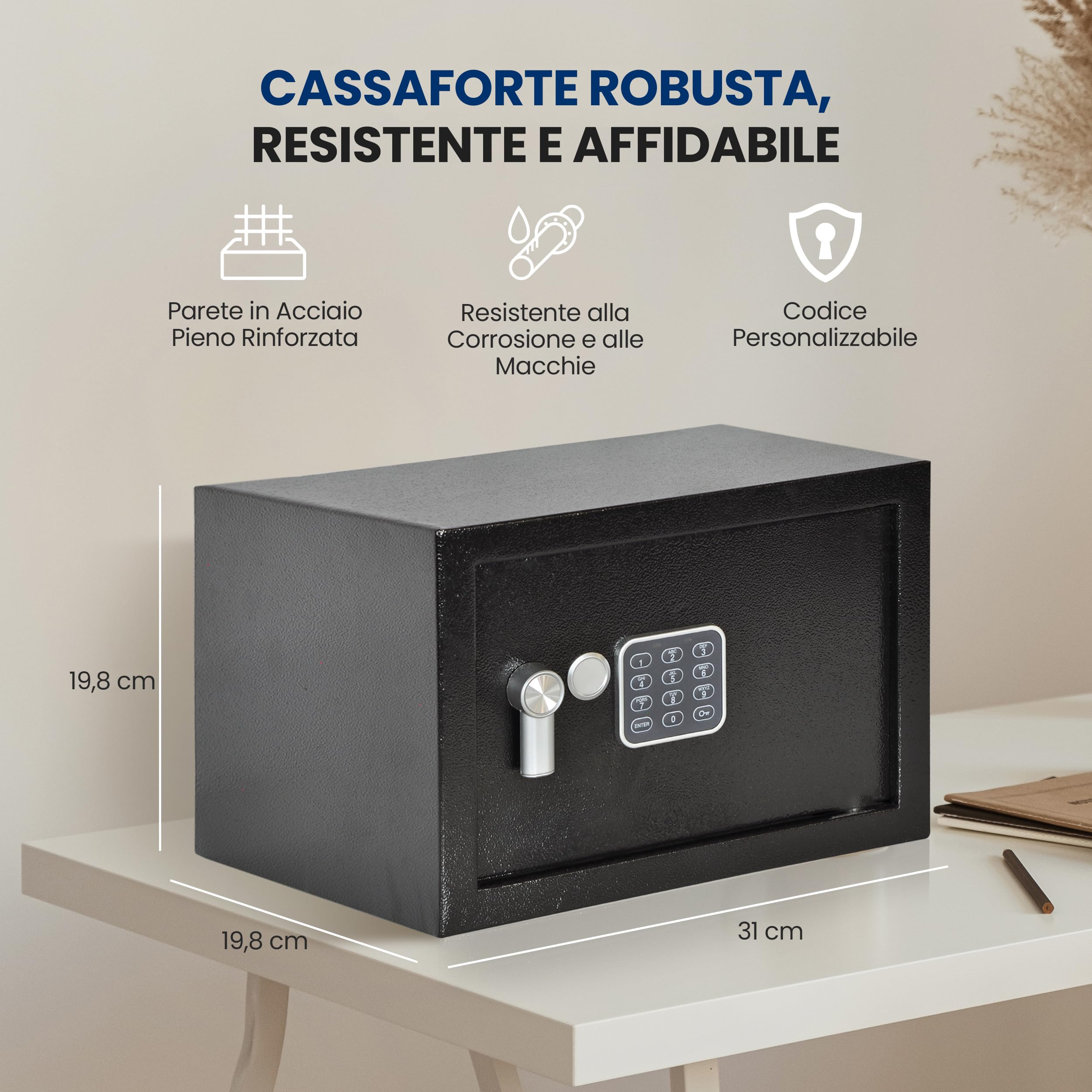 SereneLife Cassaforte, Cassaforte Piccola Elettronica, Cassetta di Sicurezza 31x20x20 cm, Tastiera Digitale, 2 Chiavi, Denaro e Gioielli, per Casa e Ufficio, Montabile a Muro e Pavimento