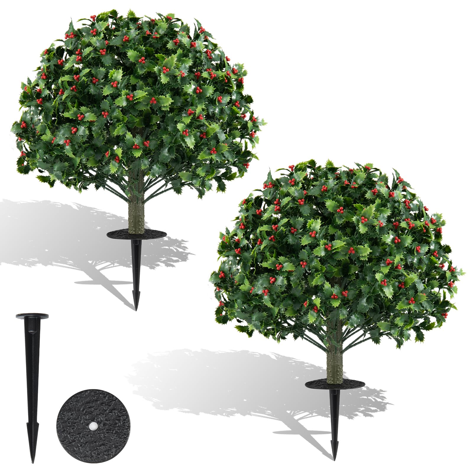 COSTWAY Set of 2 Artificial Topiary Ball Trees, Faux Shrub Bushes with Ground Spikes, Indoor Outdoor Sun-proof Fake Floral Greenery Topiary Plants for Porch, Garden, Yard (60cm, Red Berry)