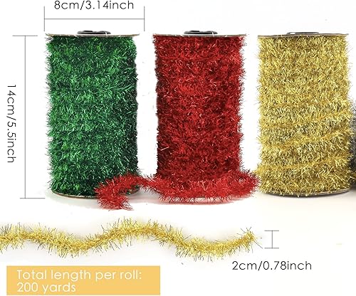 Miniatura 2 de Guirnalda de oropel, 4 rollos de guirnalda metálica fina de oropel con purpurina, decoración navideña giratoria para fiesta de Navidad. Ideal para