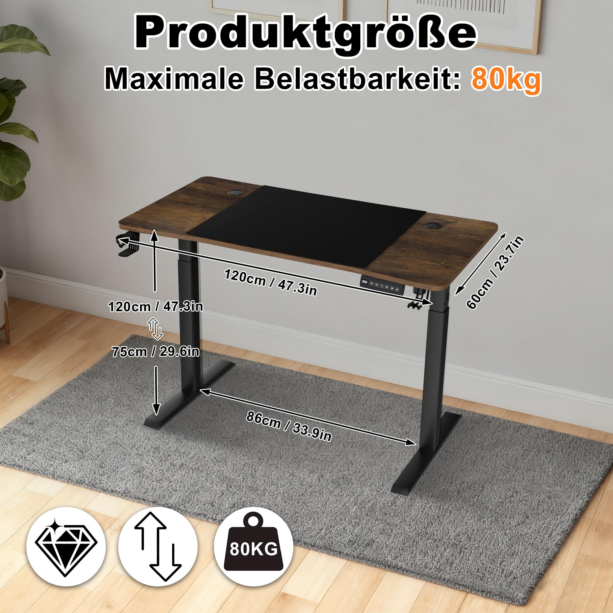 XMTECH Elektryczne biurko z regulacją wysokości, 120 x 60 cm, biurko komputerowe, 3 funkcje pamięci, gładka powierzchnia, typ C, zarządzanie kablami, hak na słuchawki i uchwyt na kubek, brązowy