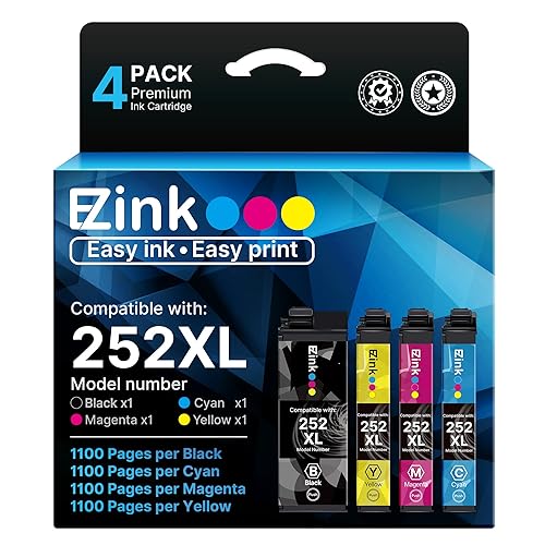 E-Z Ink (Remanufactured Ink Cartridge Replacement for Epson 252XL 252 XL T252XL120 to use with Workforce WF-7110 WF-7720 WF-7710 WF-3620 WF-3640 (1 Large Black, 1 Cyan, 1 Magenta, 1 Yellow) 4 Pack - 252XL 252 XL T252XL