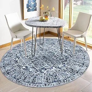 KUTA Vintage Round Rugs 5ft, Blue White Washable Circle Rug 5ft, Non-Slip Printed Floral Medallion Carpet for Living Room, Soft Cozy Dining Kitchen Throw for Entryway
