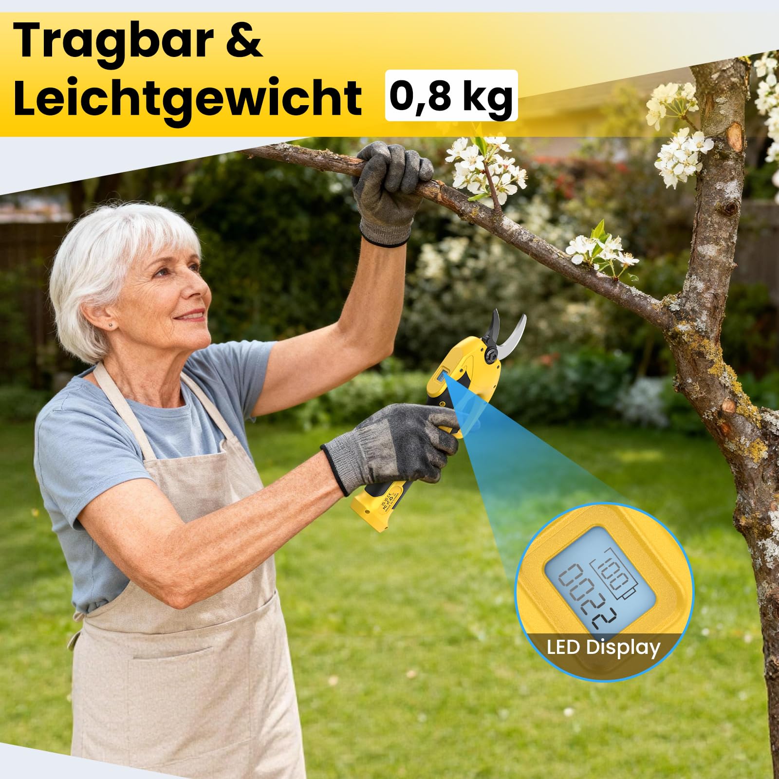 Akku Gartenschere, 23-25mm Akku Astschere mit 600W Bürstenlosmotor, 2x2000 mAh Akku und LED-Anzeige, USB-C Aufladen, Längere Laufzeit, Elektrische Astschere Klein für Zweigen, Blumen, Obstbäume