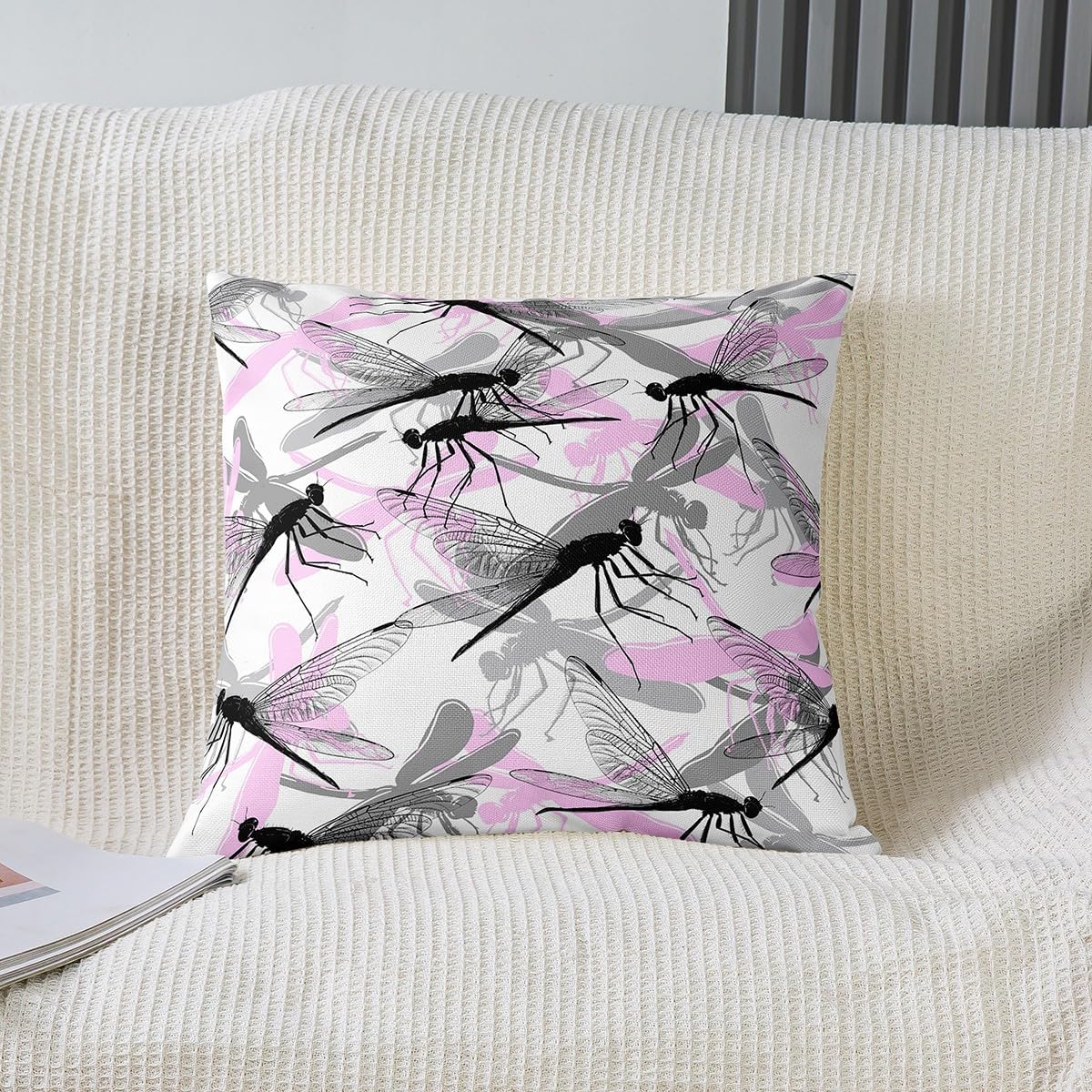 Dragonfly Gifts for Women, Black Pink Dragonfly Throw Pillow Covers 24x24 Inch Set of 2, Watercolor Dragonfly Pillow Covers, Flying Animals Cushion Cases, Dragonfly Wing Decorative Pillow Covers