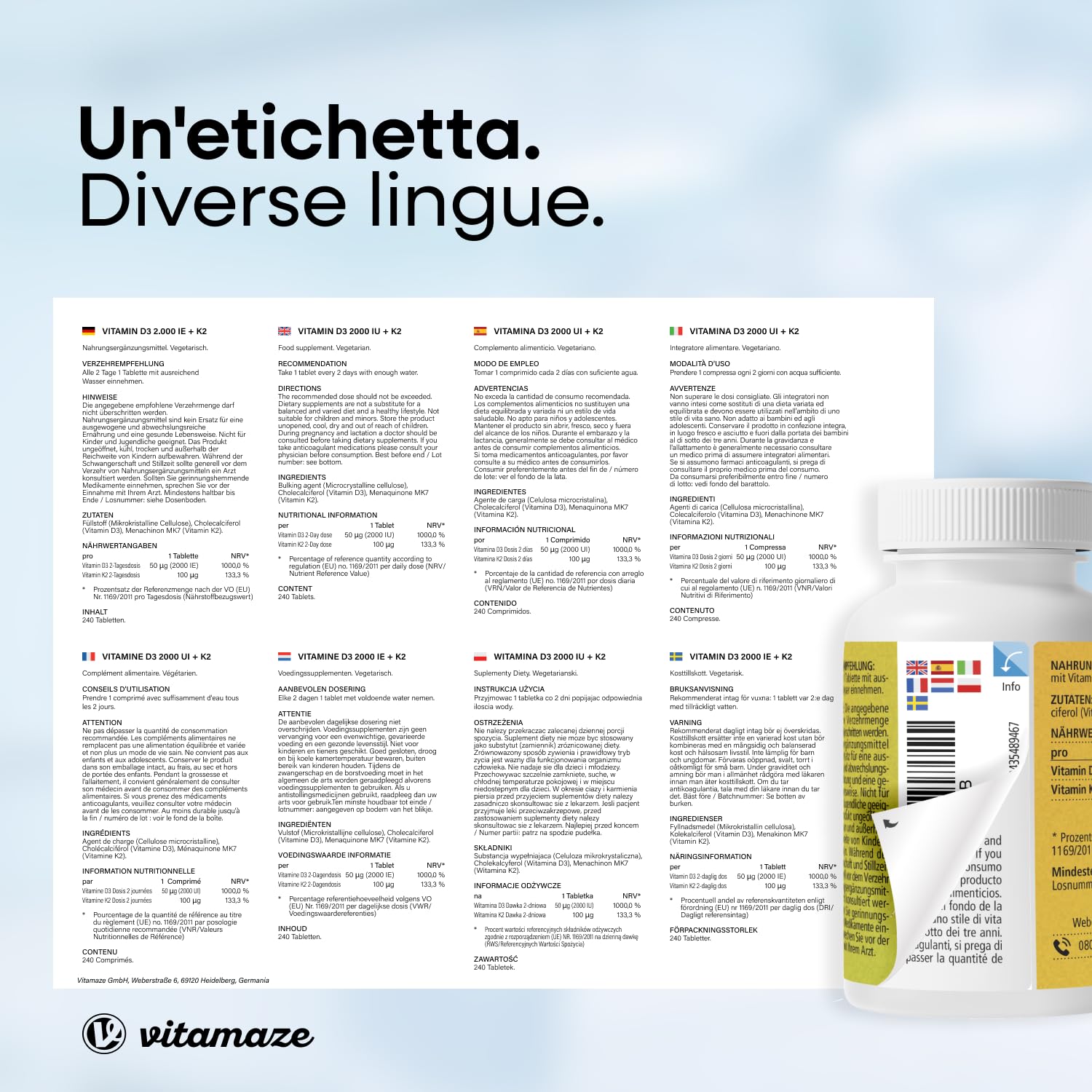 Vitamina D3 K2, 8 Mese, 240 Piccole Compresse, Alto Dosaggio Vitamina D3 e 100 mcg Vitamina K2, Elevata Biodisponibilità, Ossa, Denti, Articolazioni, Sistema Immunitario, Qualitá Tedesca, Vitamaze