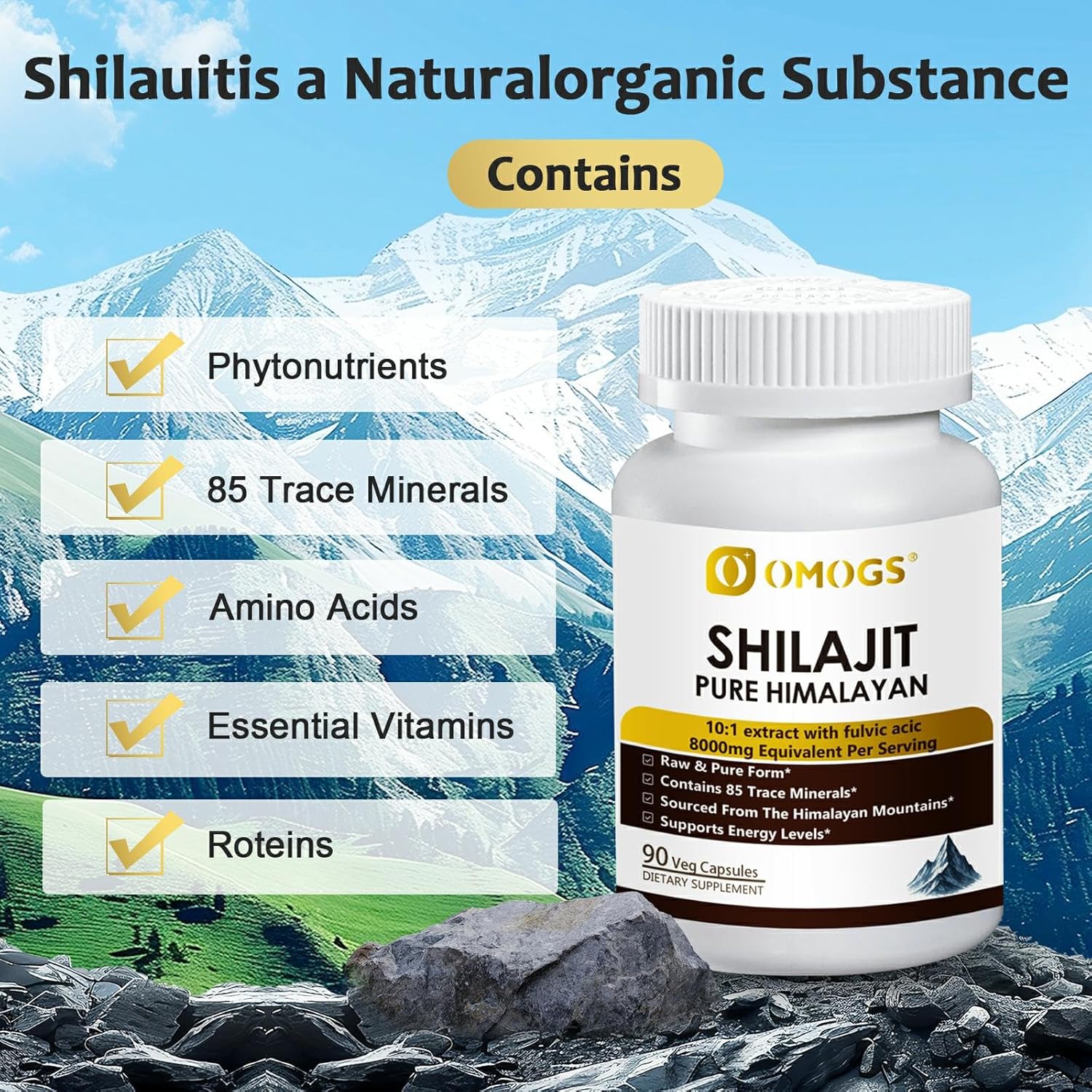 OMOGS Shilajit Pure Himalayan Organic Shilajit Capsules, with Fulvic Acid & 85+ Trace Minerals Complex for Energy, Strength, Stamin & Immunity, for Men/Women - 90 Veg Capsules - Image 4