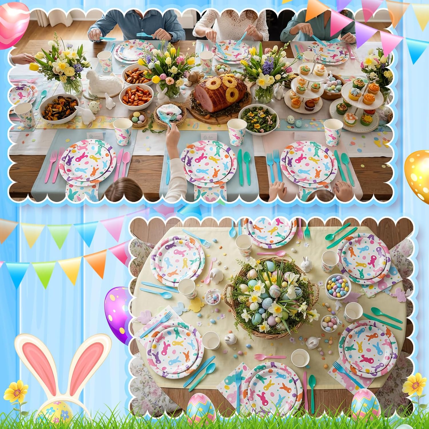 Honeydak 210 Pcs Easter Plates and Napkins Serve 30 Pastel Colorful Bunny 7" and 9" Rabbit Plates Napkins and Forks Tableware for Spring Holiday Easter Party Table Decor Supplies