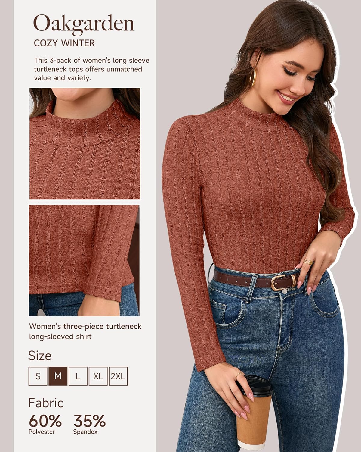 3 Pack Women's Mock Turtleneck Sweaters, Long Sleeve Ribbed Knit Tops, Fit Soft Thermal Underwear, Lightweight Fall Pullover(Rust Red, Green, Black,M) - Image 3