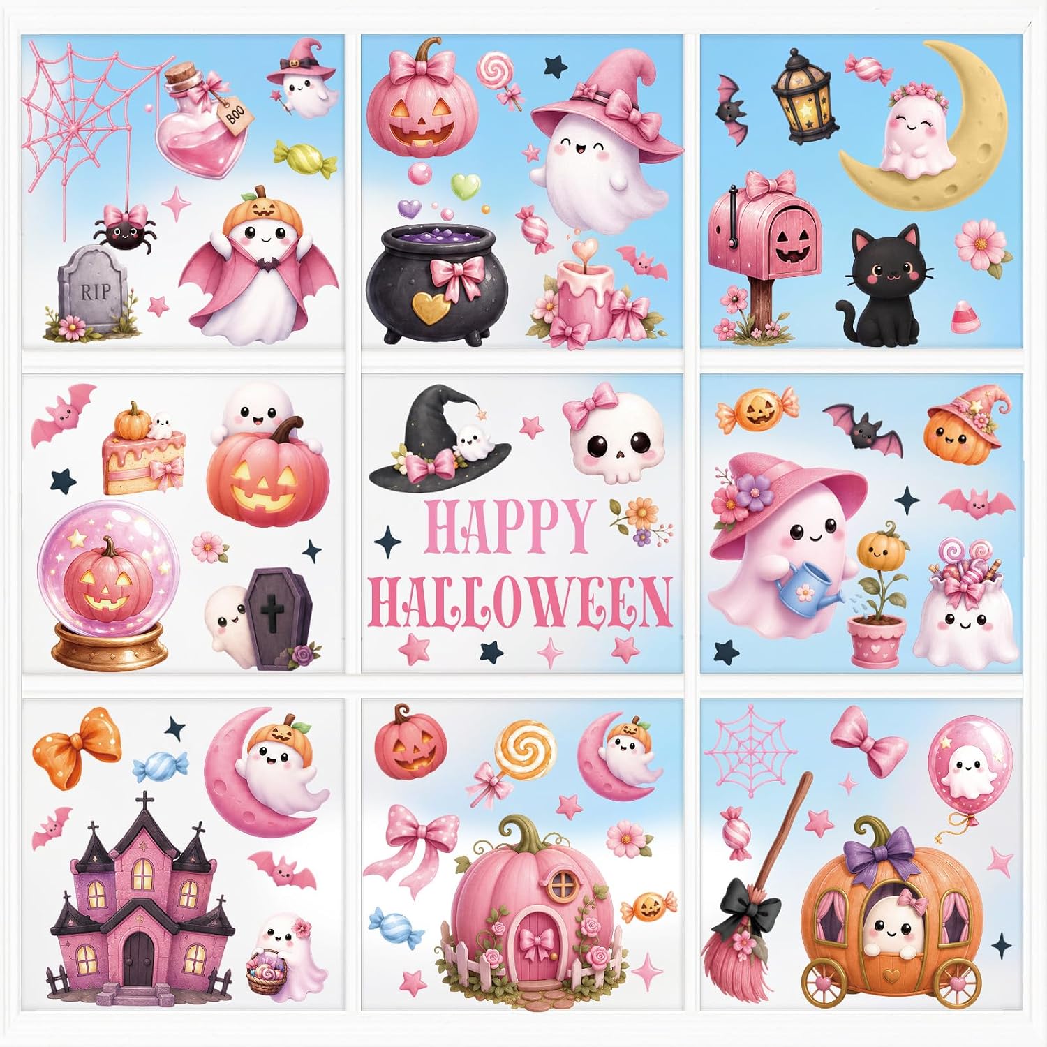 Xzentira Pink Halloween Window Clings 9 Sheets Cute Halloween Ghost Window Stickers Decoration Reusable Static Decals with Pumpkins Bats Witch Cat Halloween Decor for Kids Room Classroom Home Party