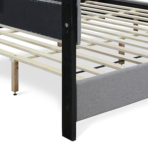 Miniatura 5 de ClickDecor Hudson - Cama de plataforma tapizada con cabecera recta copetuda, base de colchón, no necesita somier, soporte de listones de marco de