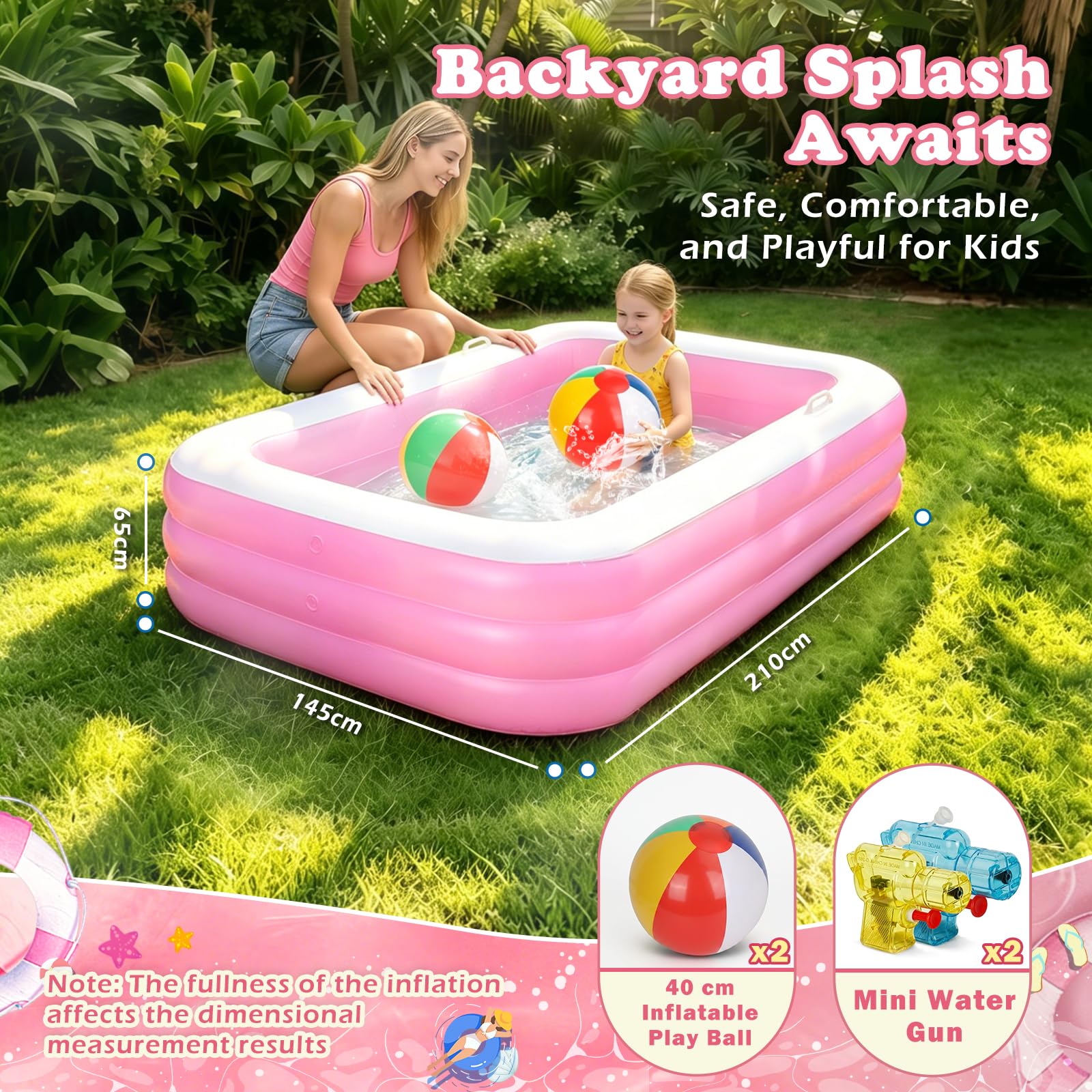 Piscina Hinchable Niños, Piscina Infantil Rectangular con 2 Pelotas de Playa y 2 Mini Pistolas de Agua, Piscine de Verano para Jardín, Exterior y Fiestas de Verano (Rosa)