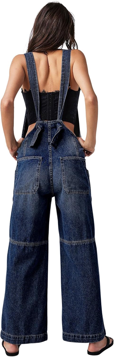 CHARTOU Casual Denim Jumpsuit for Women Overalls Wide Leg Jumpsuit Jeans Denim Bib Overalls Dungaree Pockets - Image 2