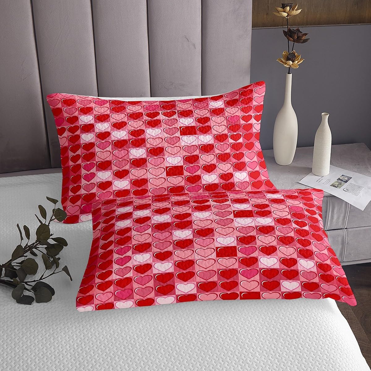 Feelyou Valentine's Day Bedspread Red Pink Heart Bedspread for Kids Boys Girls Love Heart Coverlet Set Romantic Love Quilted Bedroom Collection 2Pcs Twin Size