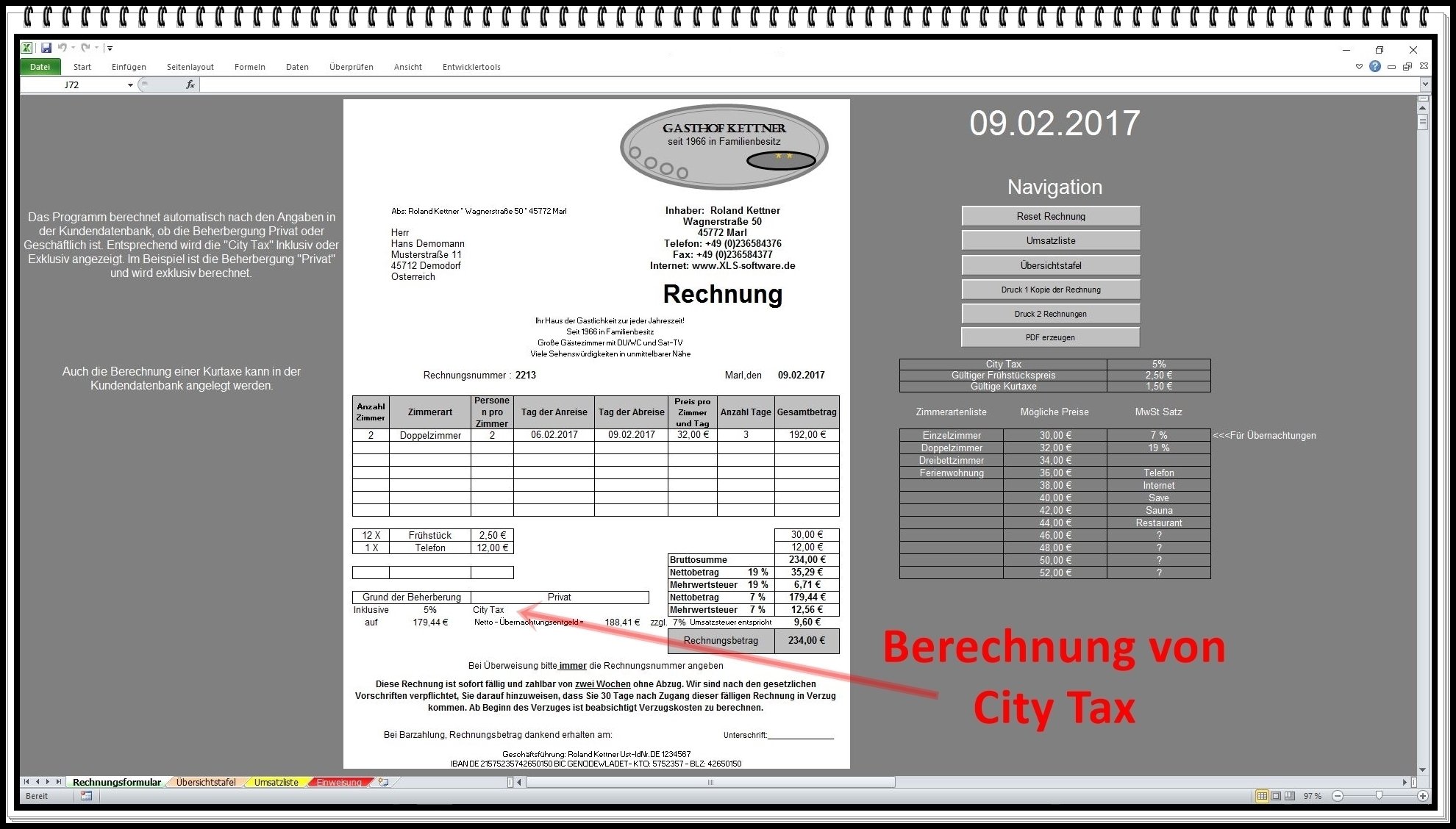 Rechnungsprogramm Rechnungssoftware mit City Tax und Kurtaxe für Hotel Pension Ferienwohnung