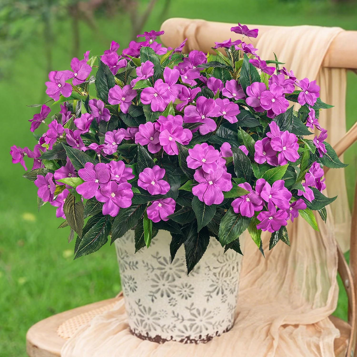 Fake Flowers Artificial Flowers for Outdoor,Artificial Impatiens Bouquet Flowers for Outdoors,Spring Flowers Artificial Impatiens Outdoor Silk Fake Flowers Indoor Decor 4PCS(Purple)