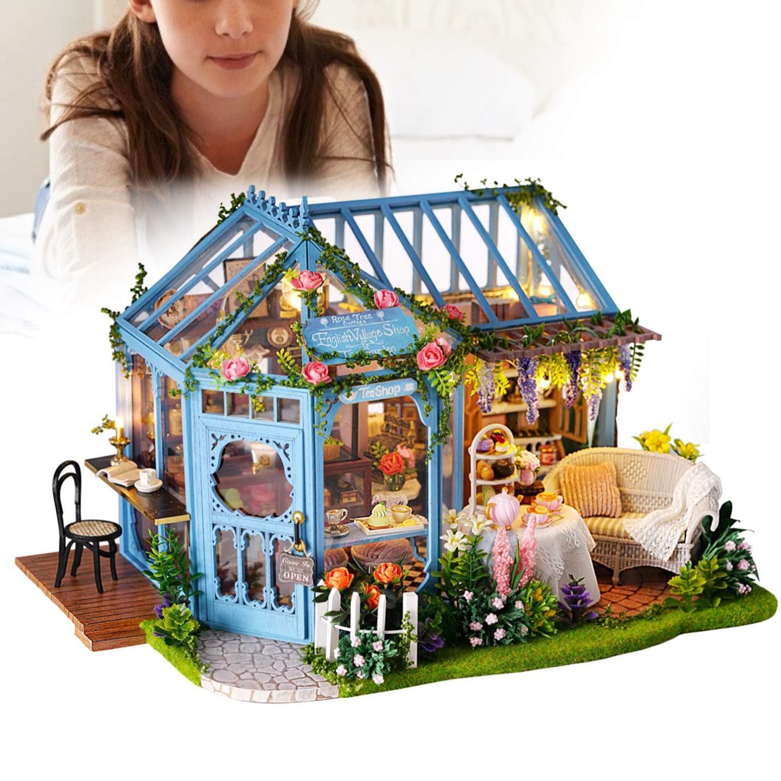 Zestaw Miniaturowy Domek dla Lalek, światła LED średniej Wielkości Drewniany Sztuczny Kwiat Kawiarnia Zestaw Miniaturowy Domek, do Samodzielnego Budowania Domku dla Lalek z Meblami i