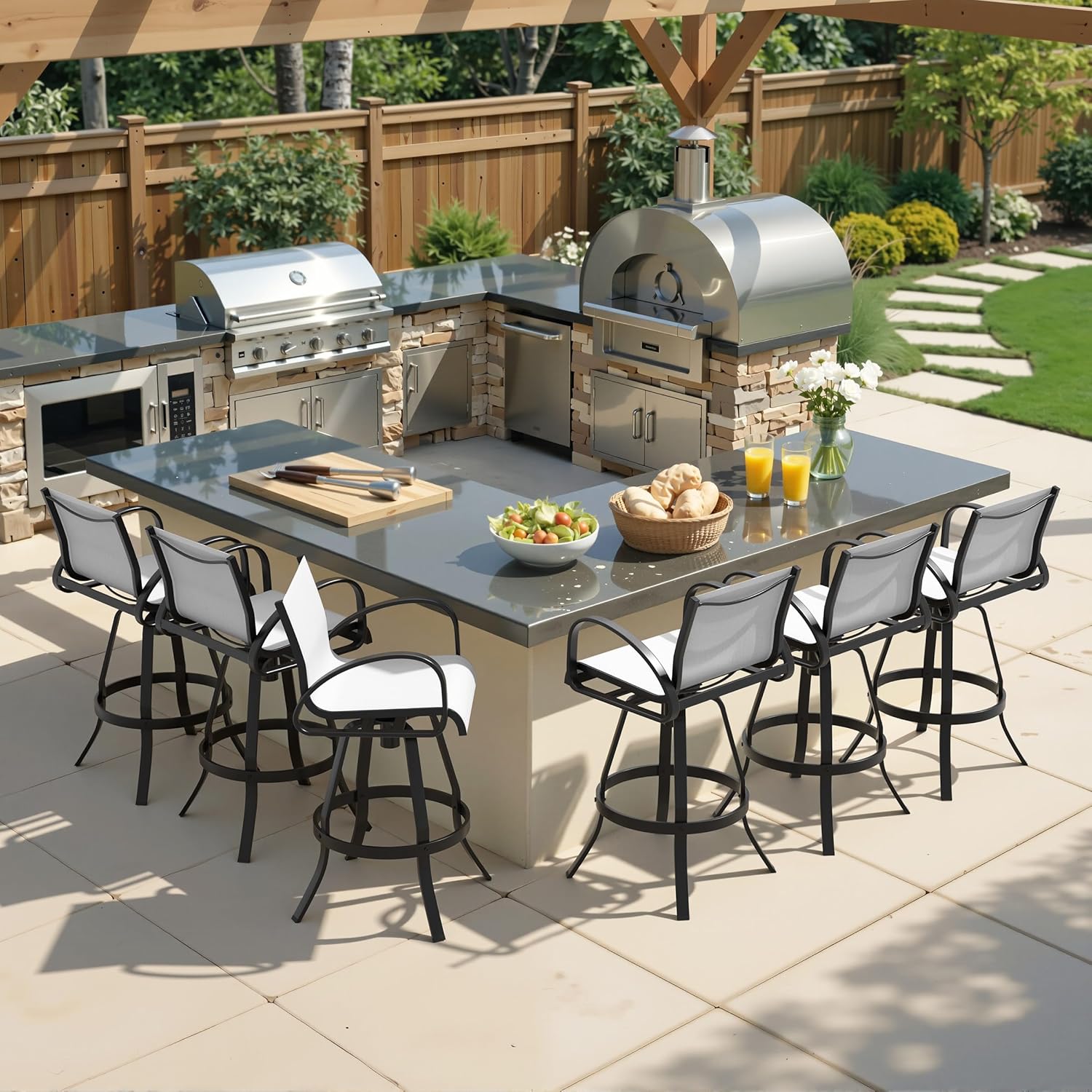 Crestlive Products Sunbrella Textilene Outdoor Swivel Bar Stools Set of 6 All Aluminum Patio 360° Swivel Bar Height Chairs with Back & Armrests, for Bistro, Pool, Backyard, Kitchen (Augustine Oyster)