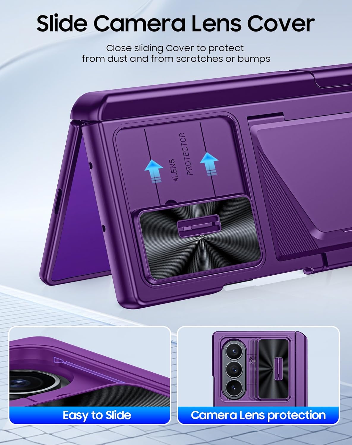 for Samsung Galaxy Z Fold 7 Case with Card Holder RFID Blocking, Built in Slide Lens Cover & Hinge Protection & Kickstand & Screen Protector, Shockproof Wallet Case for Z Fold 7 (Purple)
