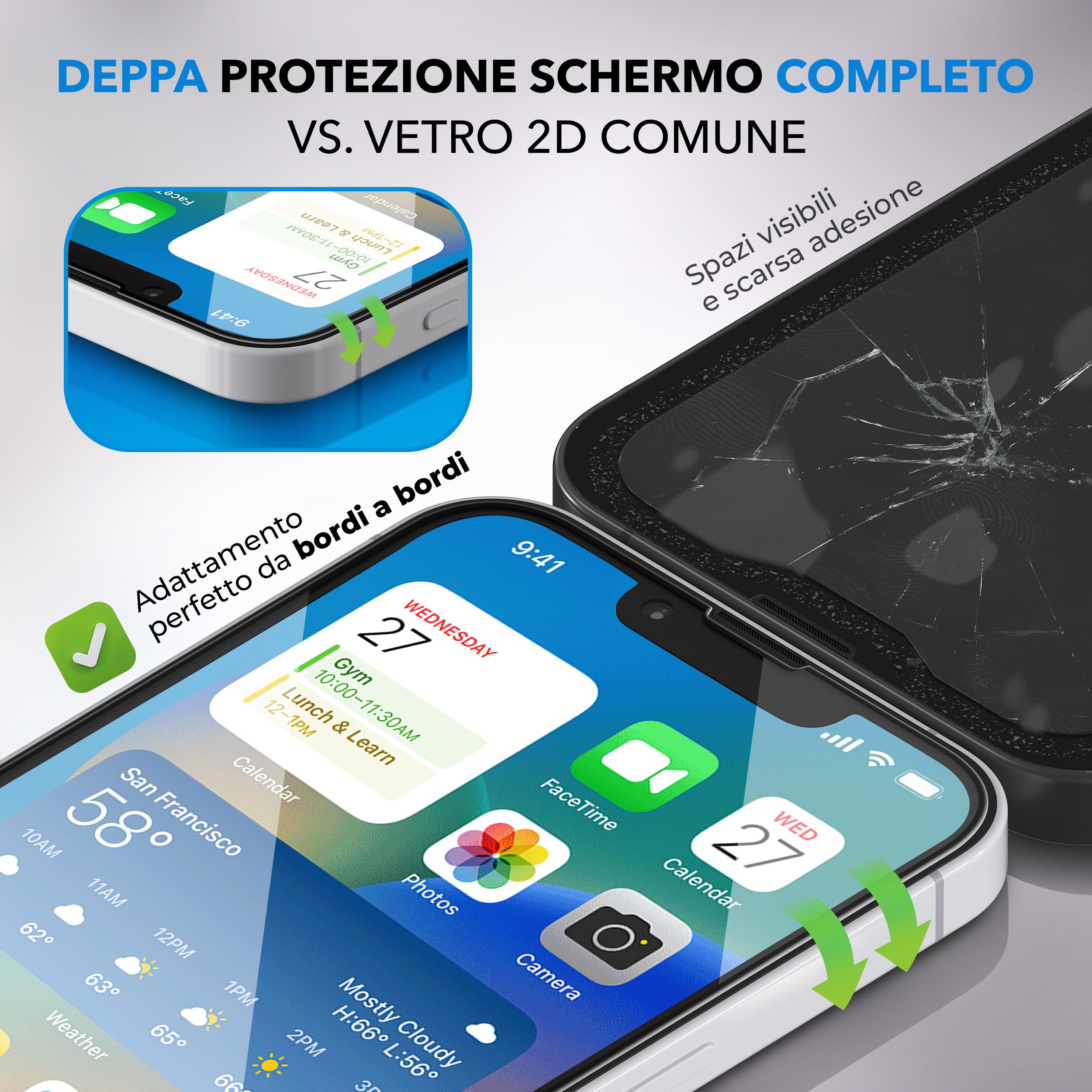 Deppa | 2 pezzi | Pellicola protettiva anti luce blu certificata per iPhone 17e/16e/14/13/13 Pro (6,1") | Vetro temperato ultra resistente | Copertura totale, senza bolle | Installazione facile