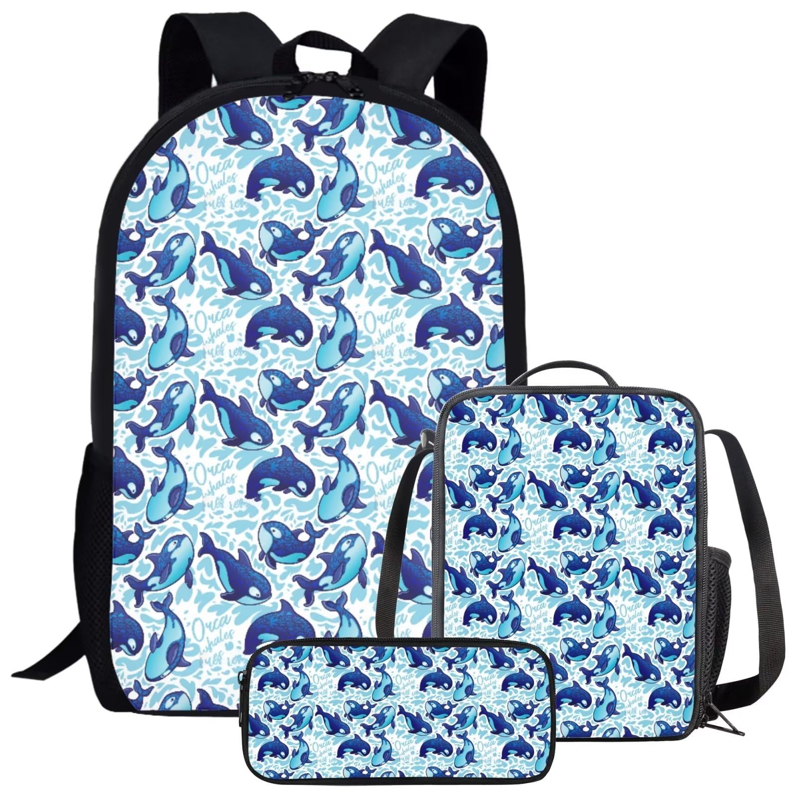 Kids Cute Blue Killer Whale Orca School Backpack Set for Girls Boys Personalized Graphic Print Bookbag Student Lightweight Comfy Padded Aesthetic