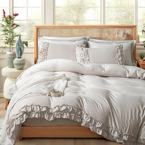 Miniatura 5 de Move Over Juego de edredón de flores tamaño King, 100% algodón lavado, bordado botánico floral, juego de edredón bohemio para niñas y mujeres (King,