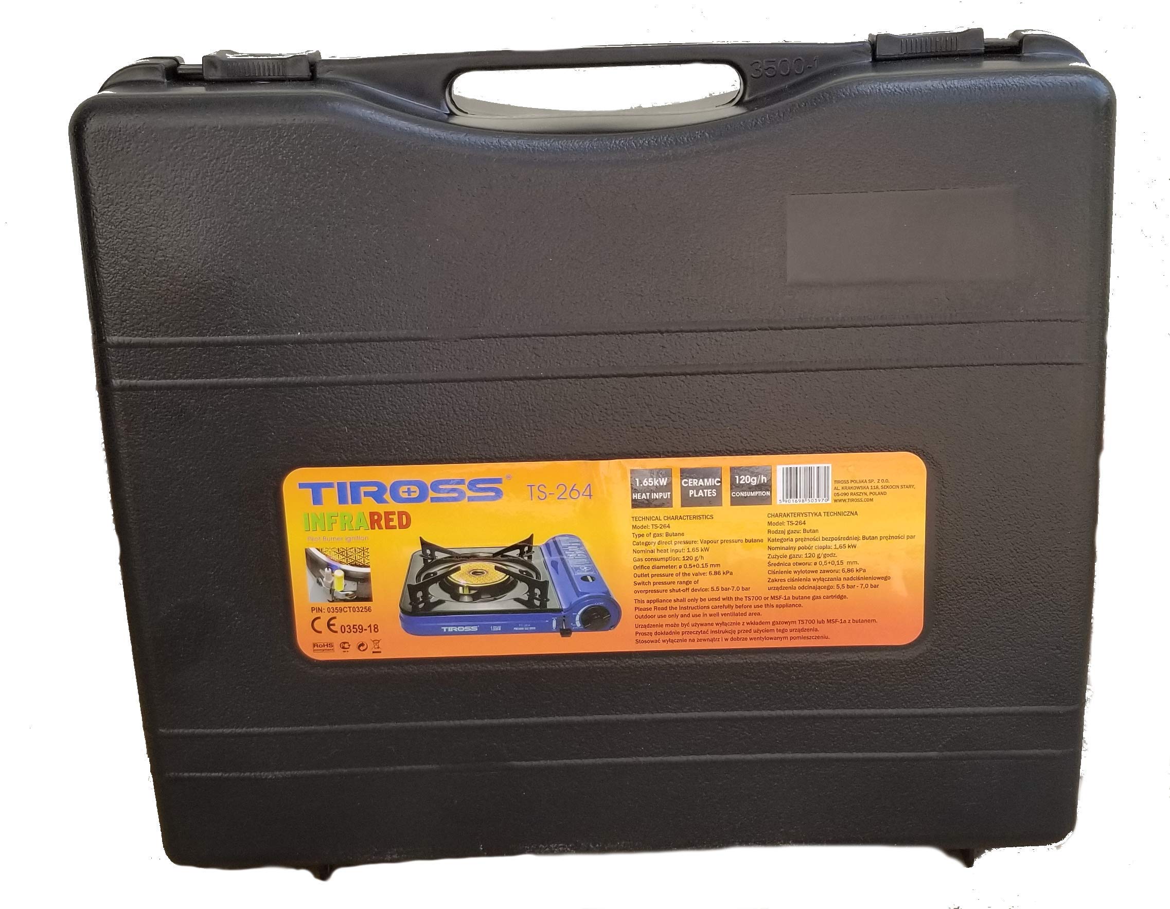 TIROSS TS-264 - Fornello da campeggio a gas con piastra in ceramica a infrarossi, fornello a gas, griglia da picnic, per cartuccia a gas butano (non inclusa), con valigetta