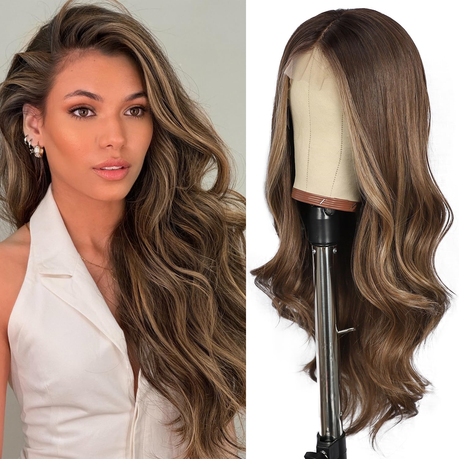 SOMIARIK Brown with Blonde Highlight Short Wavy Wigs for Black Women 13x4 Synthetic Lace Front Wigs Wave Wigs Pre Plucked with Baby Hair 150% Density Heat Resistant Party Date Daily Wear 22 Inch