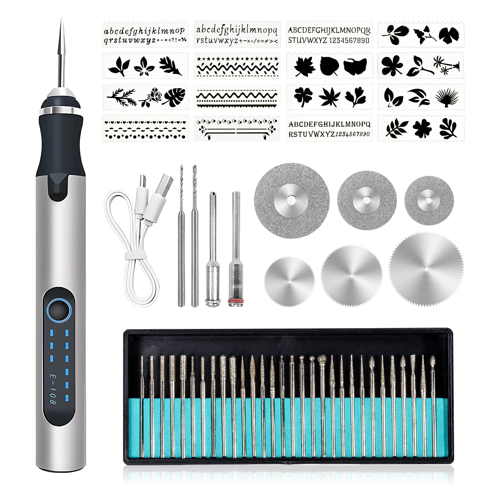 Bolígrafo grabador eléctrico, recargable por USB, inalámbrico, kit de engraving pen portátil, herramienta de grabado para vidrio, madera, plástico, metal y piedra.