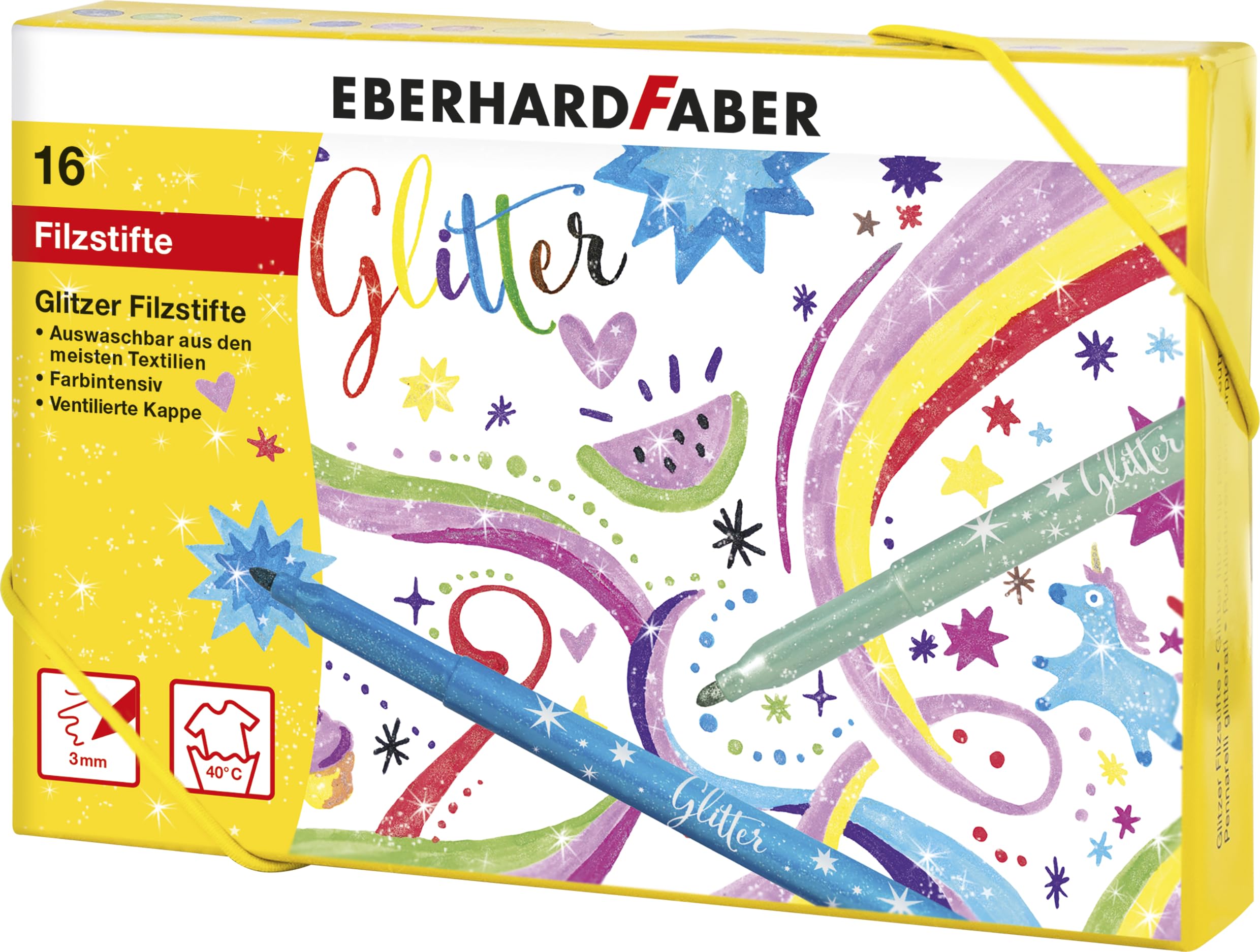 Eberhard Faber 551016 - Glitzer Filzstifte Set, 16 Malstifte mit Basic und Pastell Farben