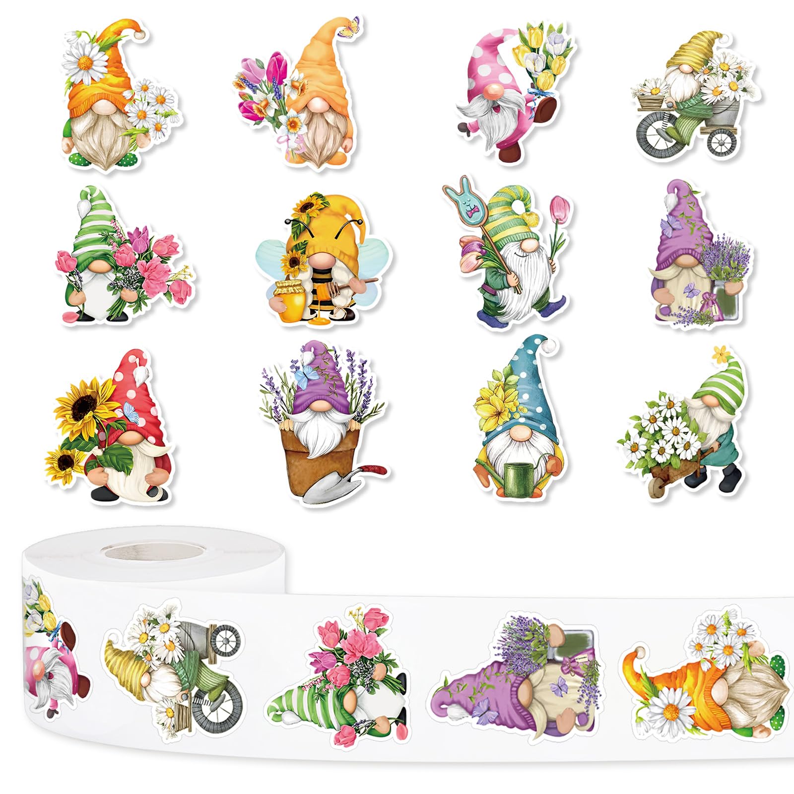 JarThenaAMCS 1000Pcs Spring Gnome Stickers 12 Designs Floral Gnome Decals Cute Adhesive Sealing Labels for Birthday Baby Shower Grocery Baking Bag Party Favor Supplies, 2 Rolls